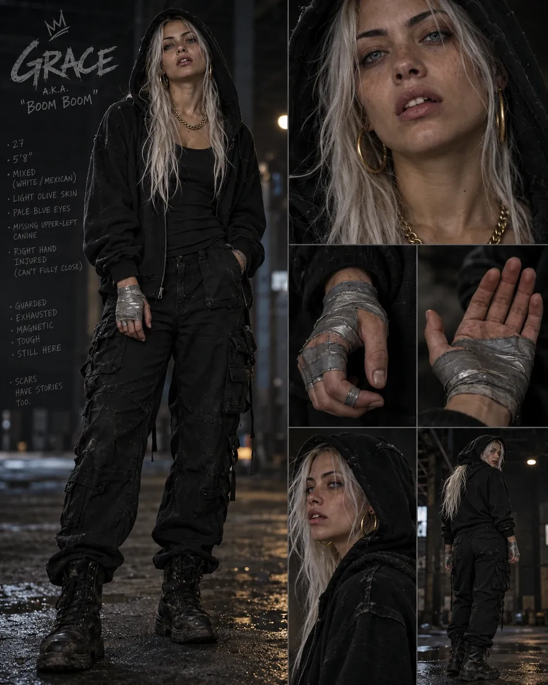 Character sheet for Grace, also called Boom Boom: full figure in a black hoodie and cargo pants on a wet street, with close-ups of her face, gold chain, and taped hands.