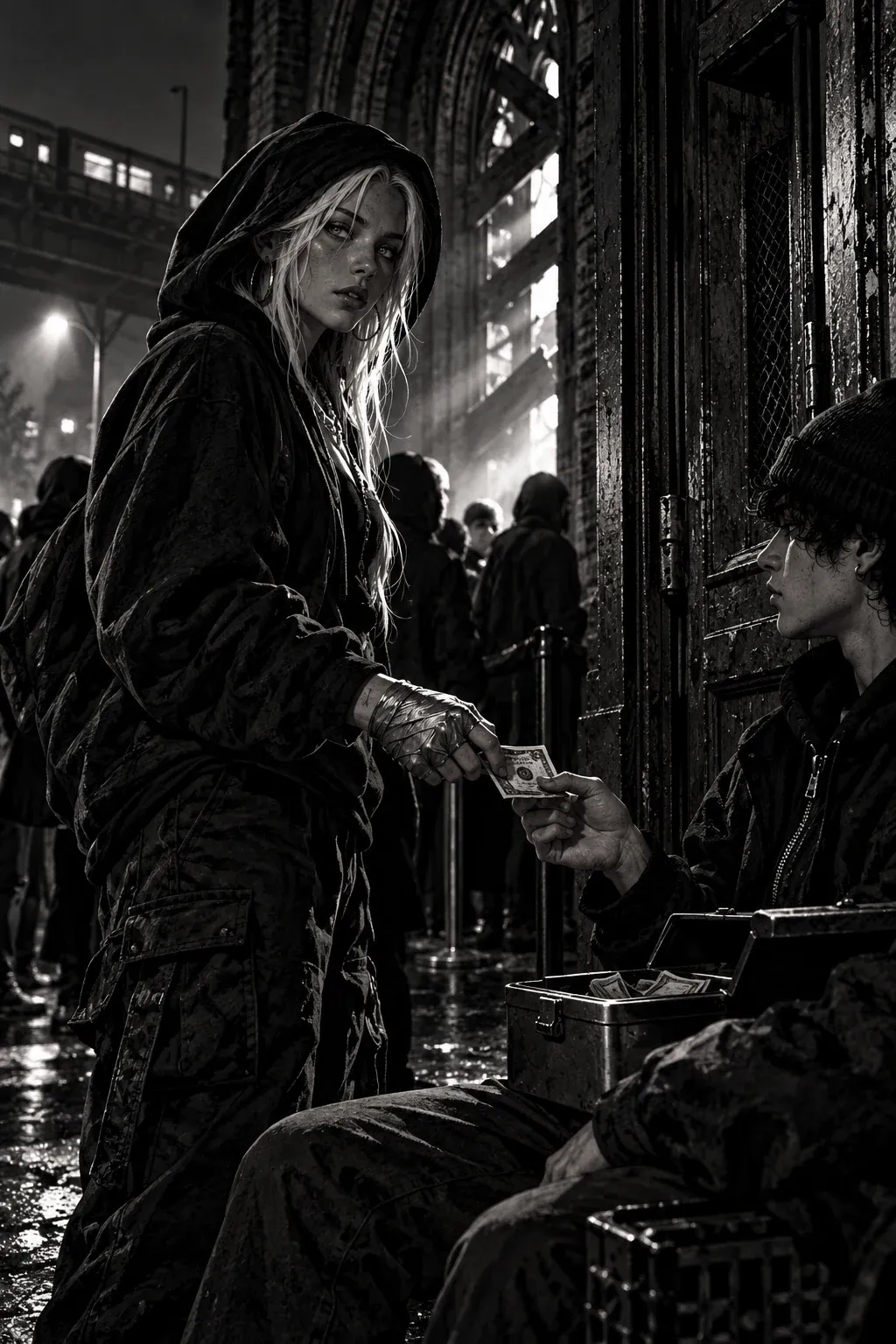 At the church side door, Grace, in a black hood with white hair spilling out, hands a crumpled ten-dollar bill to a kid sitting by a metal cash box. Strobe light cuts across half her face.