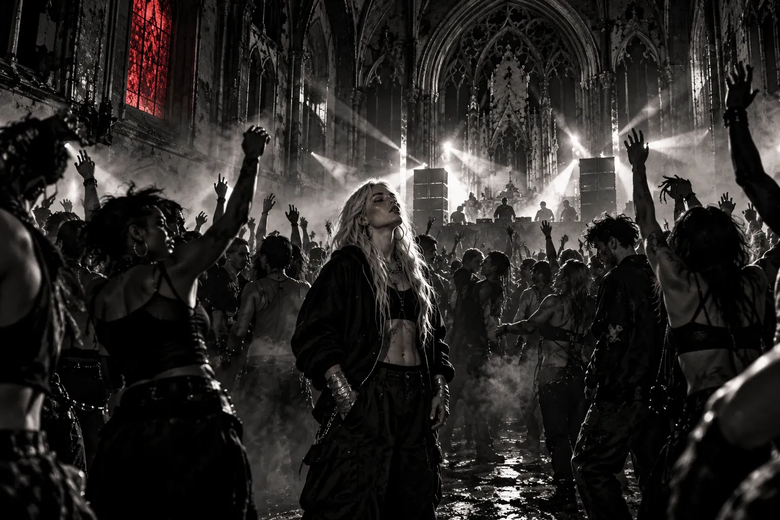 Inside the church, a packed rave: fog between the pews, the strobe freezing raised hands under the vaulted ceiling, speaker stacks on the altar. Grace stands still in the center aisle, the only one not dancing. One high stained-glass window glows dim crimson.