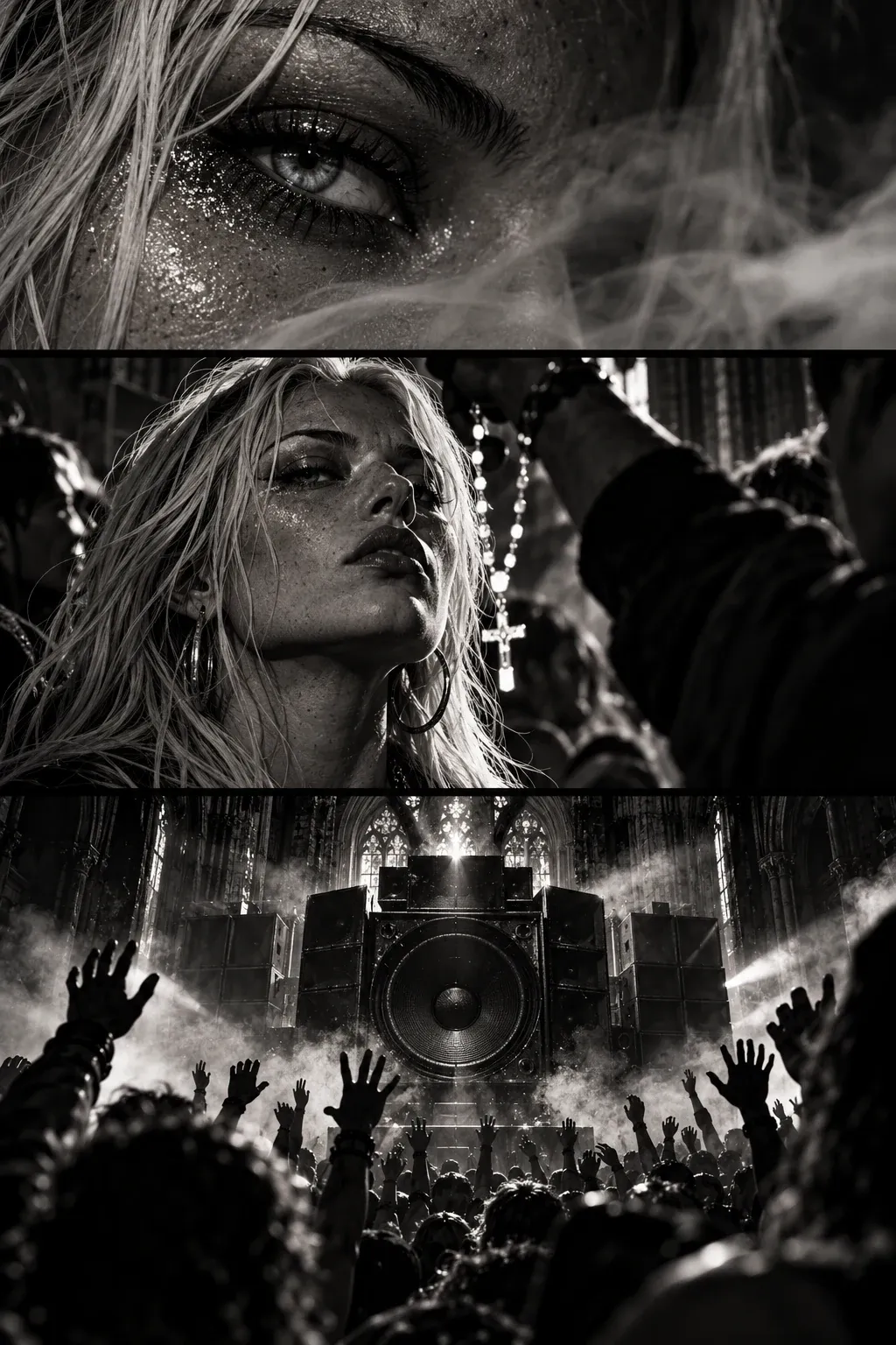 Three stacked moments: a close-up of Grace’s pale eye with glitter in her lashes; her clenched jaw with a rosary swinging in front of her face; a speaker cone on the altar mid-pulse above the crowd’s raised hands.