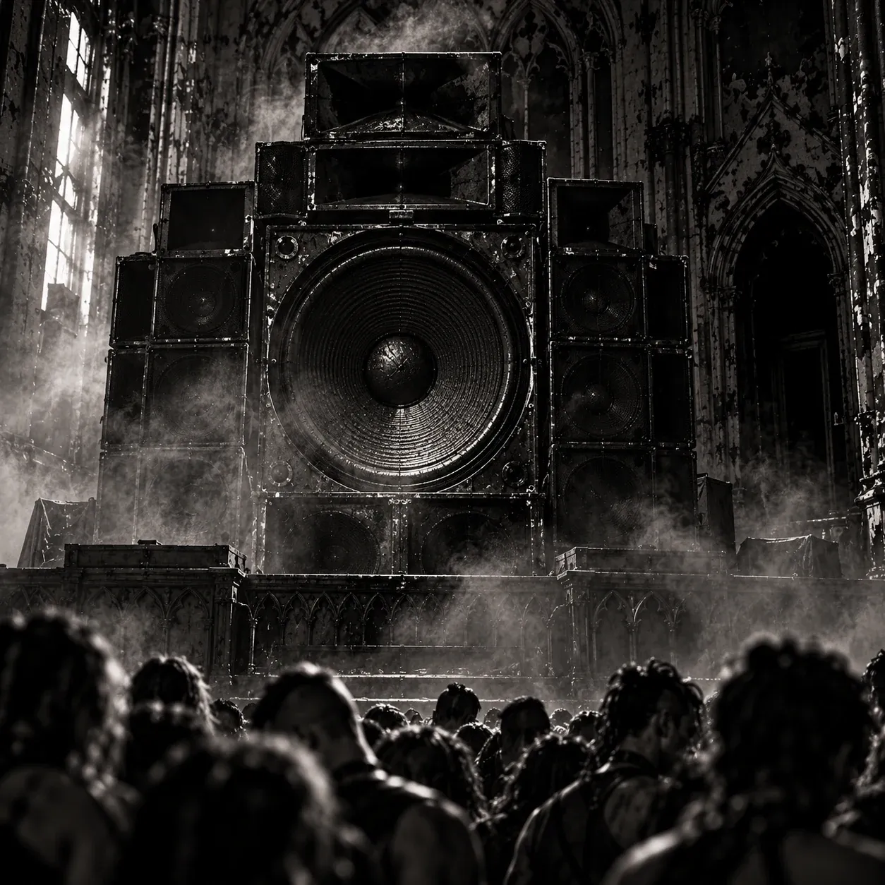 A tall speaker stack on the altar fills the frame, fog drifting across its grille. The crowd at its base is frozen and turned away. Everything is utterly still, as if sound has stopped.
