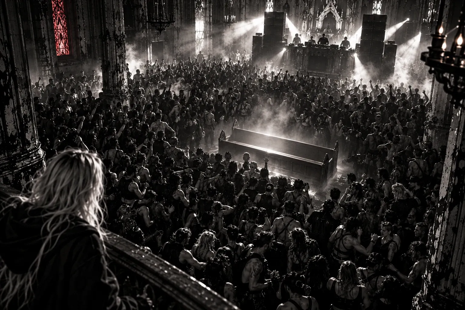 Looking down onto the packed nave from above. Bodies crowd every row except the third pew from the front, an empty gap lit brighter than anything around it. Grace, small at the edge of the frame, stares at it.