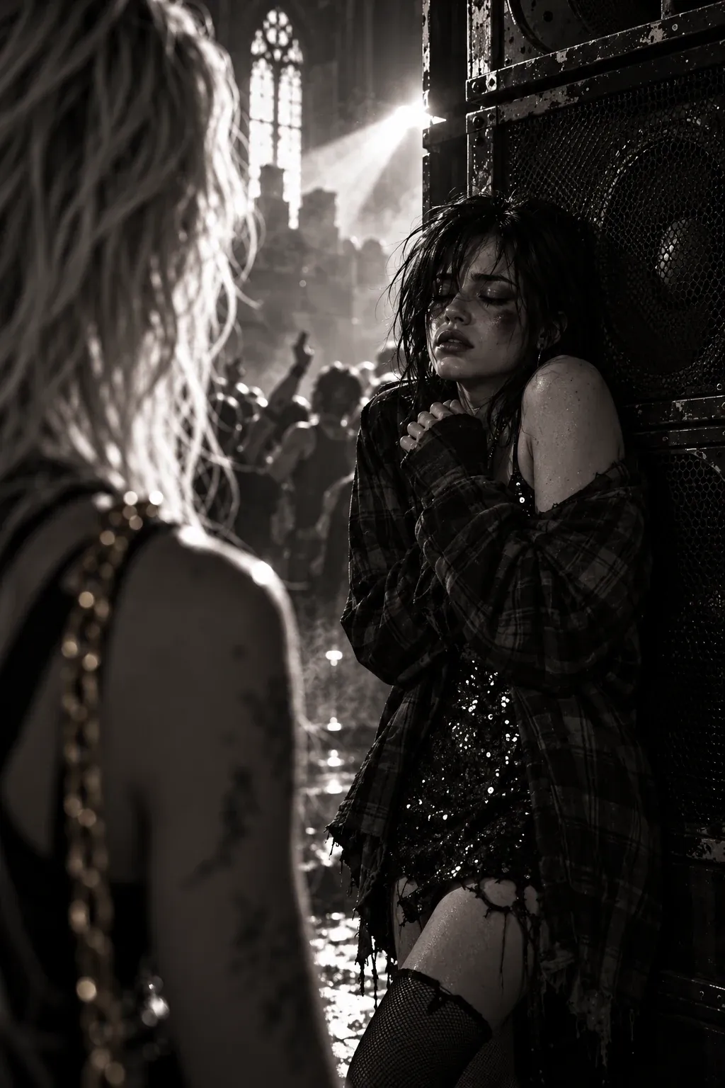Mercy pressed against a speaker stack, eyes shut, shoulders drawn up, flannel sleeves pulled over her knuckles and a sequined dress underneath. In the foreground, Grace’s shoulder and gold chain as she watches.