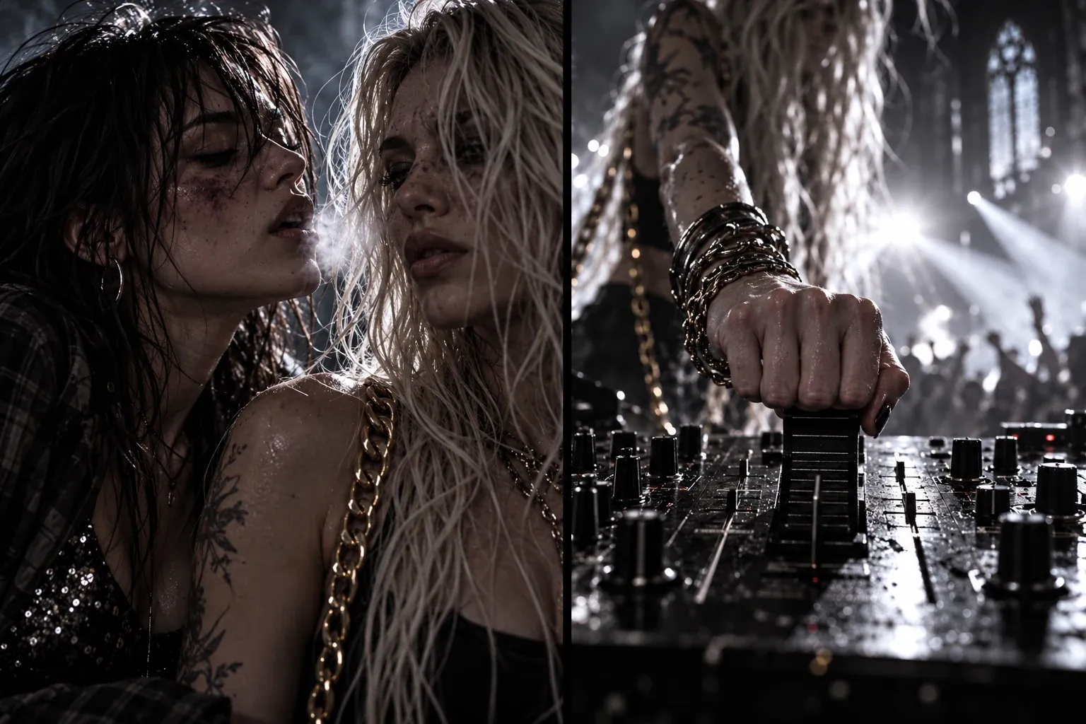 Two panels side by side. Left: Mercy leans close to Grace’s ear, speaking. Right: Grace’s hand pushes a master fader all the way up on a DJ mixer as the strobe flares behind.