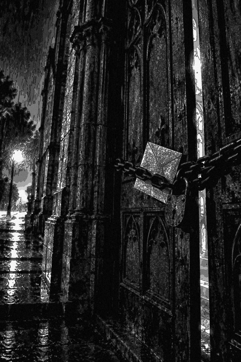 The chained front doors of the church in the rain. A sealed gray envelope is tucked neatly into the chain, perfectly dry. The street is empty.