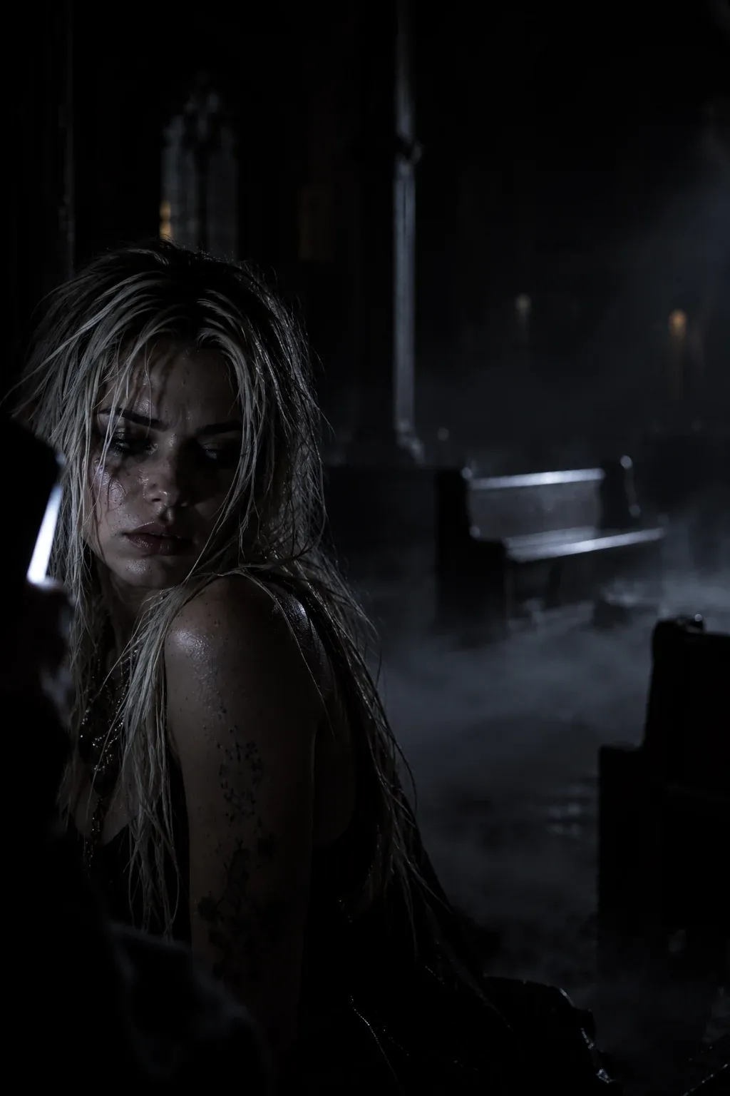 The strobe is off. In near-total black, Grace’s face is half lit by a phone screen, her head turned away from the empty pew glimpsed pale in the fog behind her.