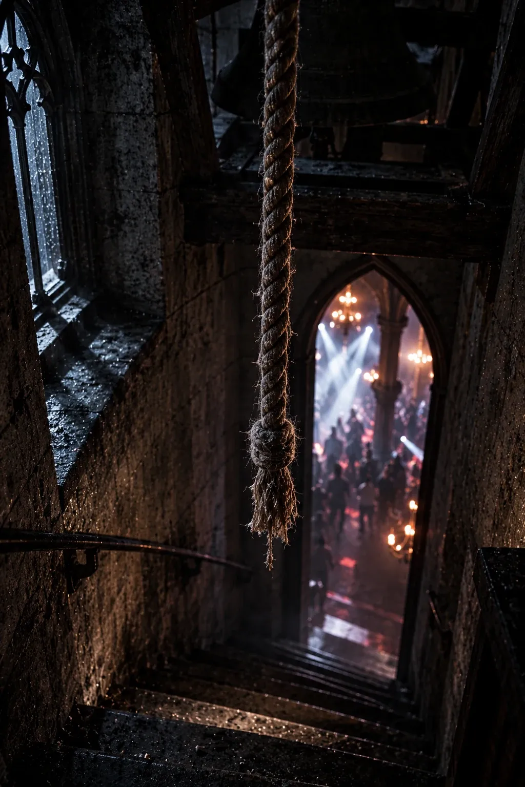 A narrow stone bell-tower stairwell. A thick old bell rope hangs perfectly still down the center. Through the doorway below, strobe light and blurred dancing bodies. Nobody is near the rope.