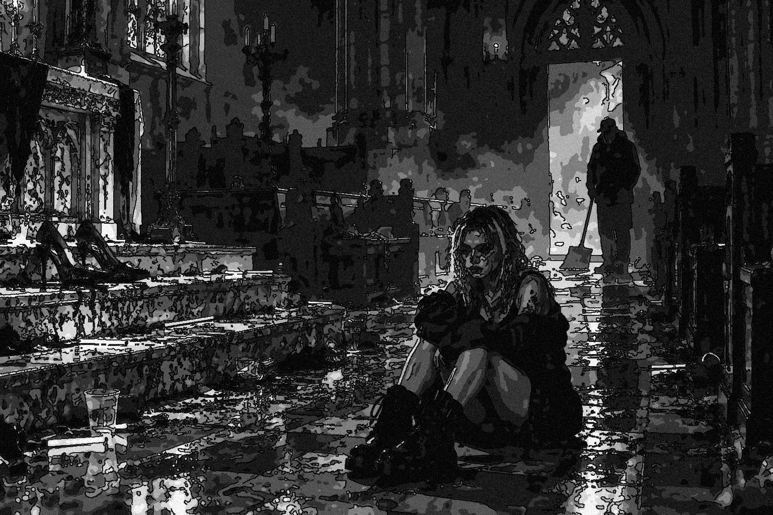 The church after the party, lights off, fog thinning, puddles on the stone. Grace sits on the floor of the aisle with her knees up. Far in the back by the door, an old man with a push broom stands in shadow, watching her.