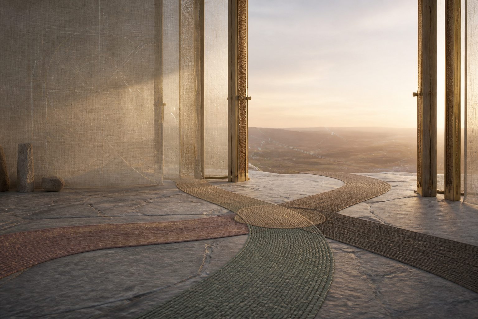 Woven paths meet at an open threshold in warm morning light