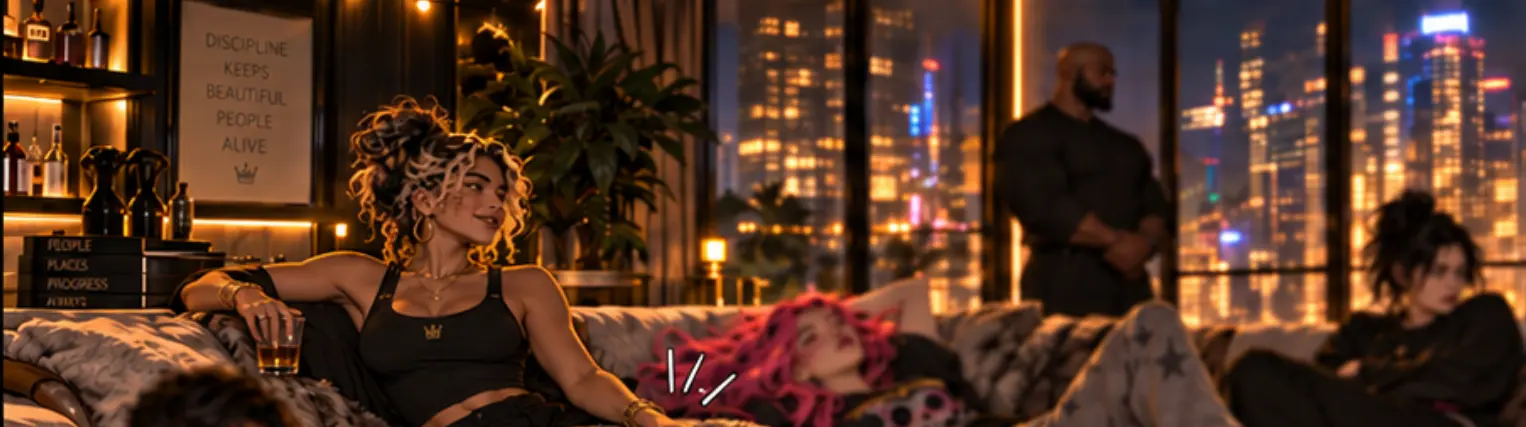 Wide view of the penthouse couch, with Boom Boom gesturing toward the open space beside her.