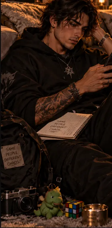 Ashes reclining beside the couch with his phone and notebook.
