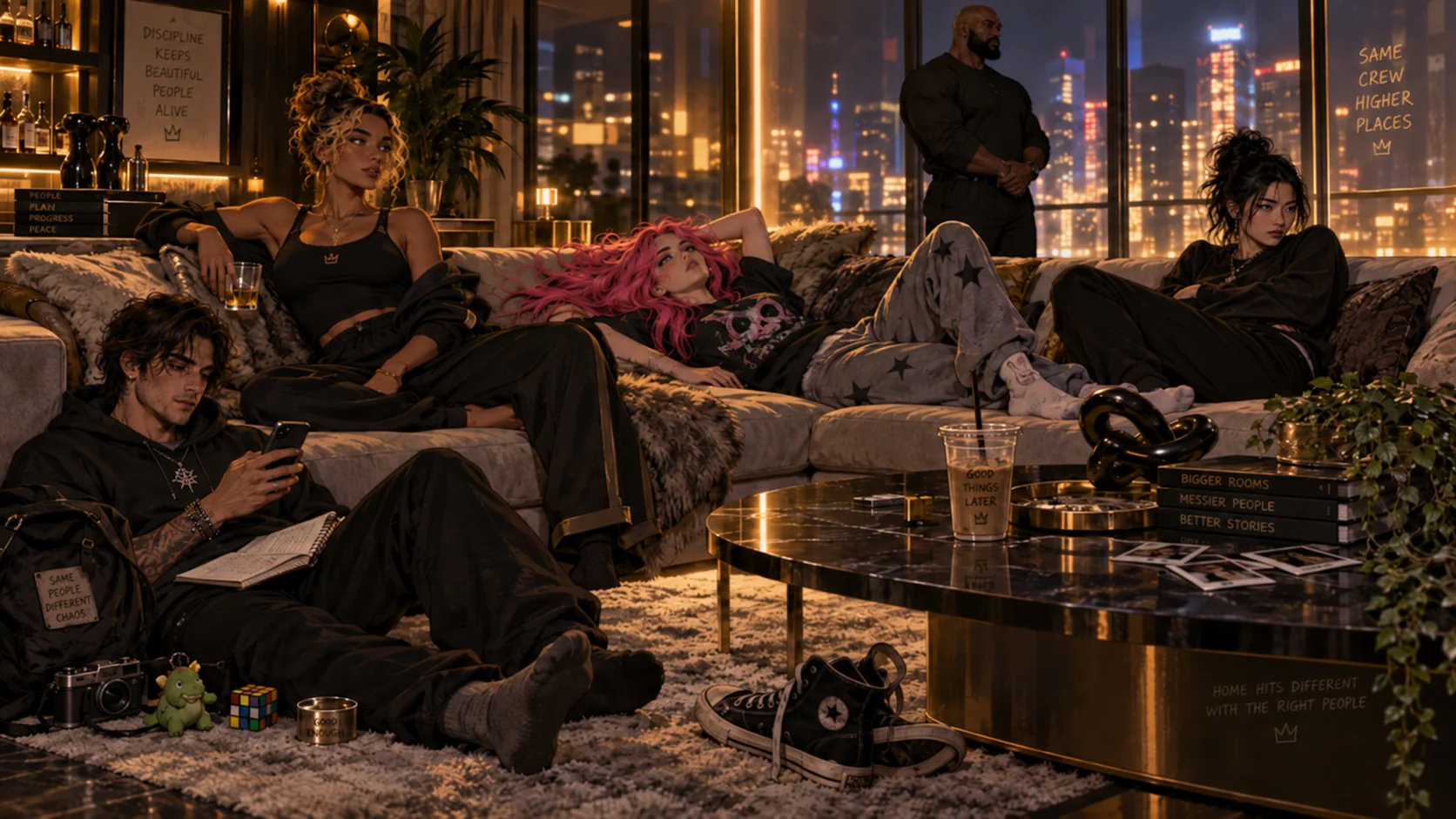 Boom Boom, Maya, Juno, and Ashes share a quiet evening in the penthouse.